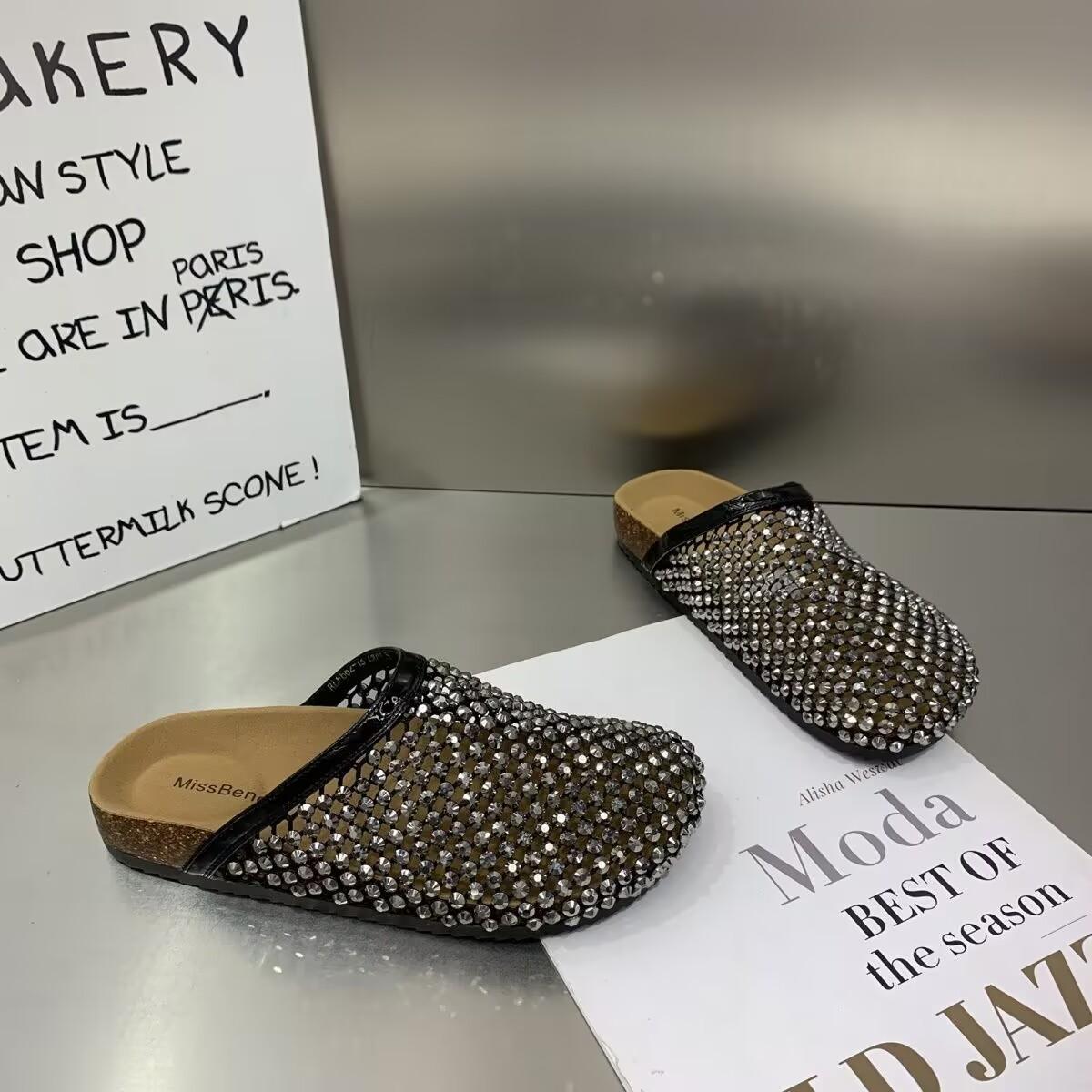 

Platform-soled Boken shoes bag head half slippers women s summer wear 2025 new one-pedal fishing net rhinestone fairy wind sandals 35