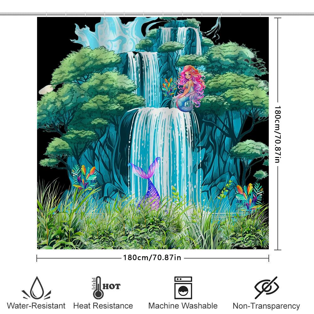 Colorful Mermaid Shower Curtain Waterfall Bathroom Decor With Tropical Plants