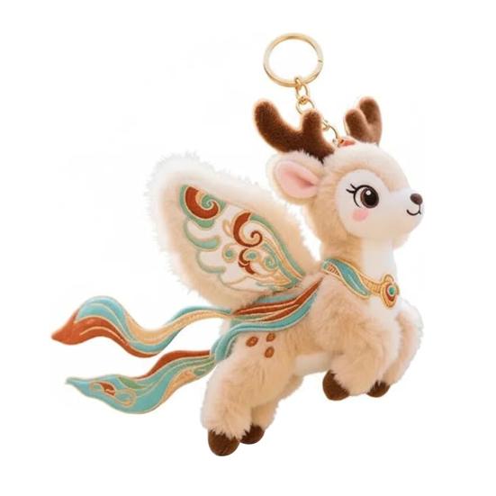 Flying Cat Plush Keychain 4.7 Inch Cute Flying Deer Mini Doll with Wings Detachable Buckle Purse Charm for Backpack Handbag