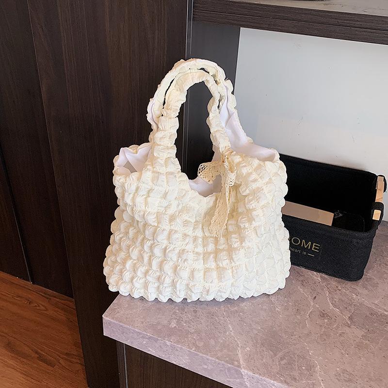 {MX} Cute Soft Polyster Pleated Cloud Bag Large Capacity Shoulder Bag Shopping Handbags Fashion Girls Tote Pouch