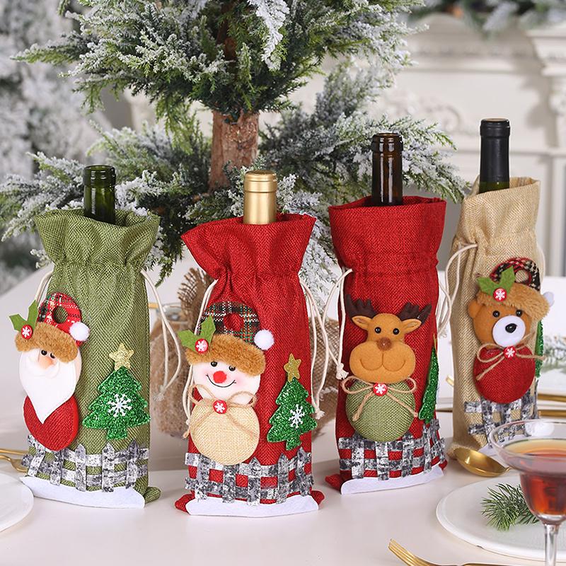 Christmas Wine Bottle Covers Bag Snowman Santa Claus Champagne Bottle Cover Sleeve Merry Christmas  Year Table Decorations