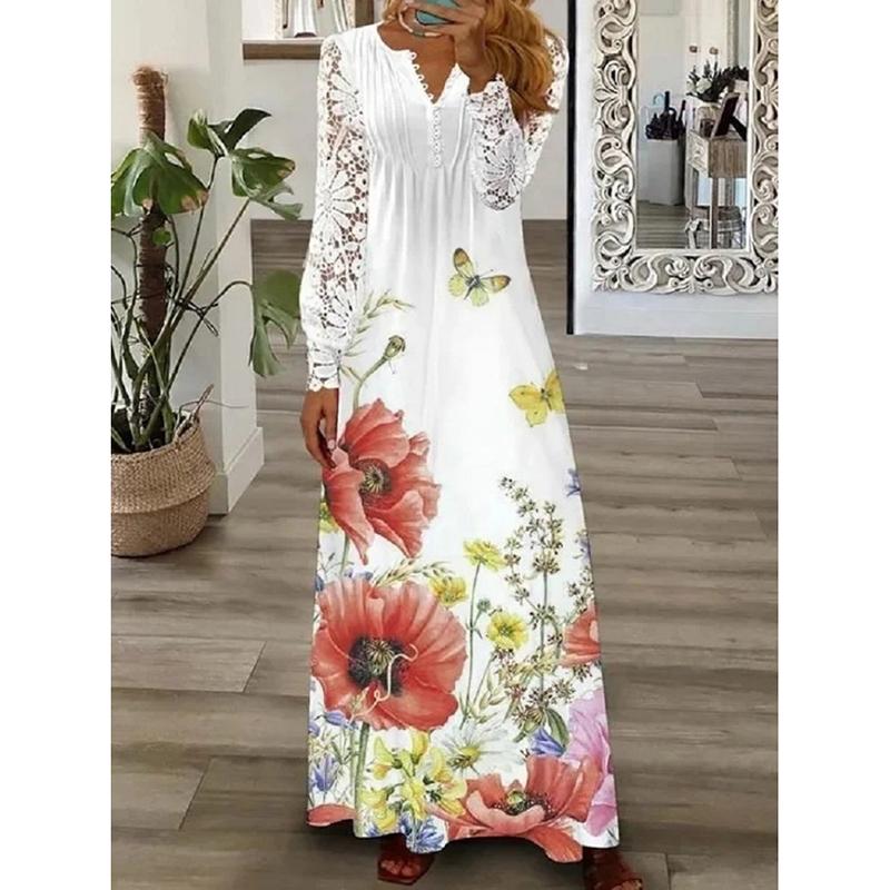 Spring and Summer Casual Women Plus Size Dresses Fashion Printed Lace Long Sleeve Loose Dress Woman Elegant Vintage Vacation Beach Long Dress 26518