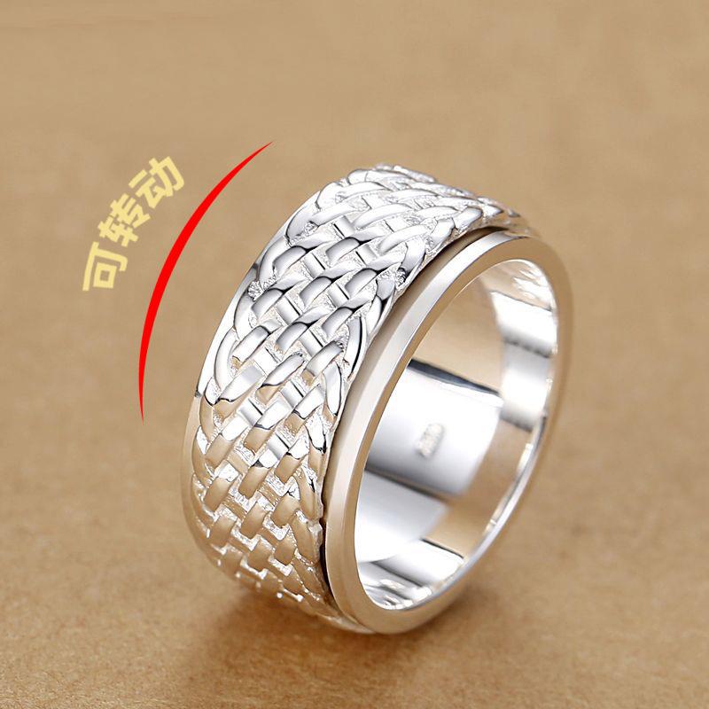 99 Sterling Silver Woven Men s Rotating Index Ring - Large Size, Ethnic Style, Personalized Trendy Design