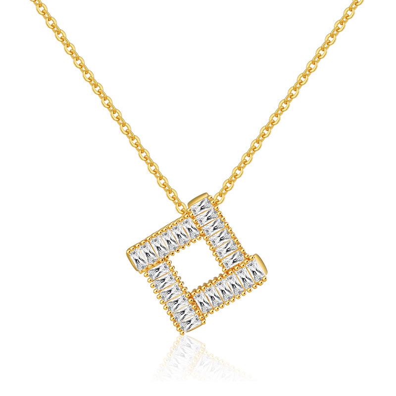 K Gold Plated Brass Geometric Square Zircon Pendant Clavicle Necklace