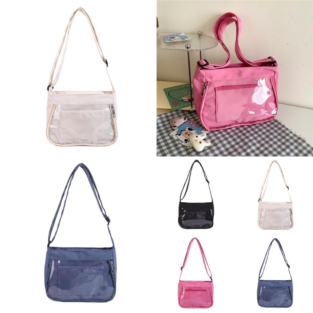 Nylon Square Shoulder Bag With Transparent Compartment For Daily Casual Use