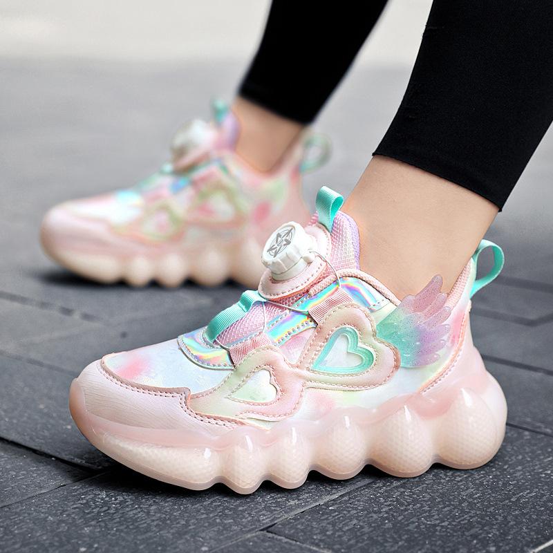 

Girls shoes 2025 summer new rotating button hollow mesh sports shoes medium and older children s Korean version running shoes 38