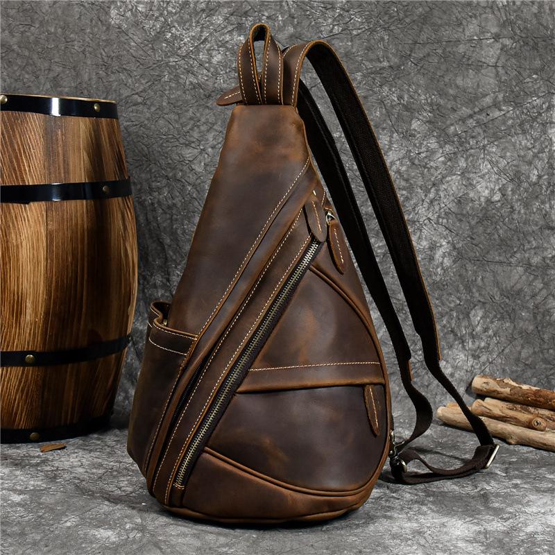 Crazy Horse Leather Chest Bag - Men's Casual Cowhide Crossbody & Shoulder Bag for Commuting & Outdoor Activities
