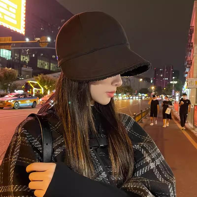 

Hat women s new autumn and winter big head circumference showing face small velvet warm lamb wool cap bucket hat spring One size