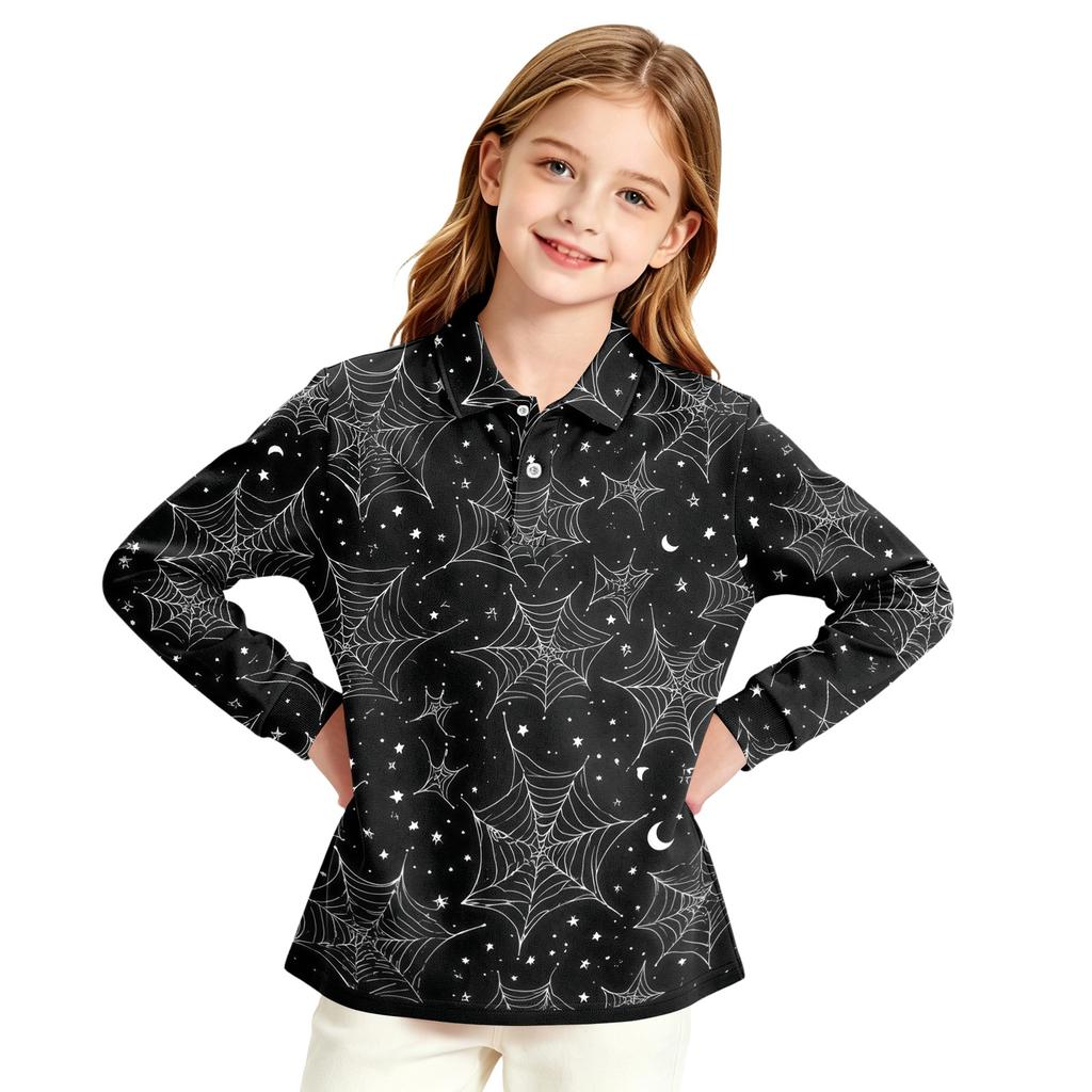 Girls School Uniform Top with Halloween Print Long Sleeve Casual Blouse for Daily Wear