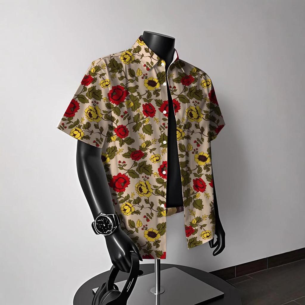Men's Vintage Hong Kong-Style Hawaiian Floral Short-Sleeve Shirt: Trendy Summer Beachwear for Couples