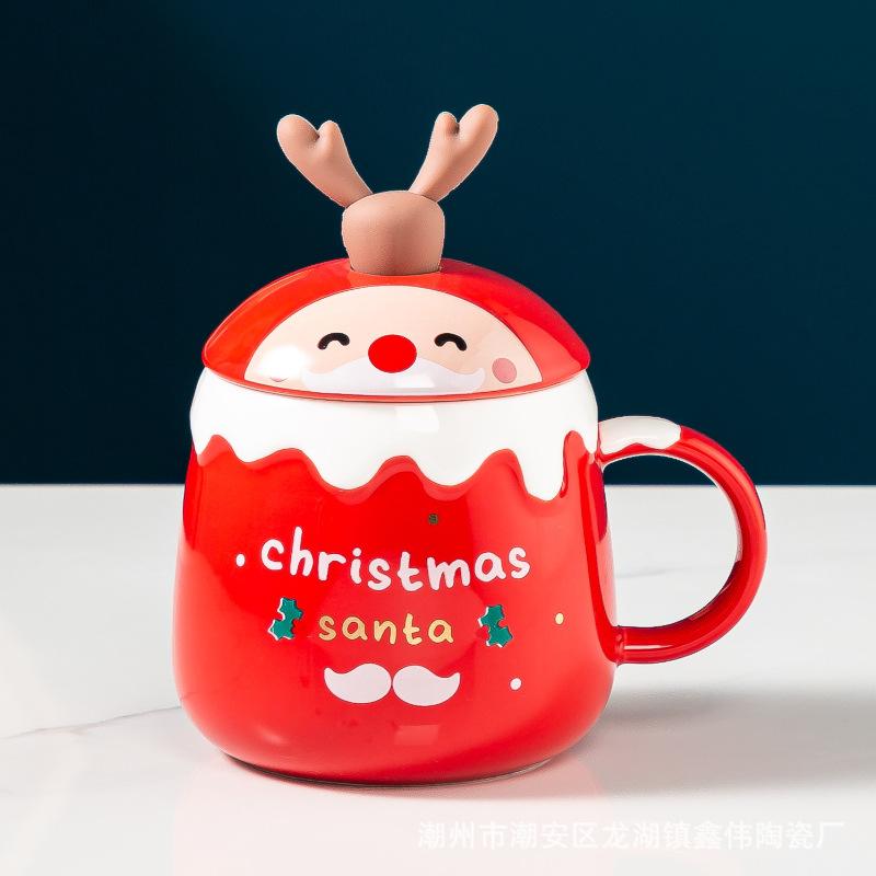 Creative Christmas Gift Ceramic Cup Cute Elk Mug Gift Water Cup with Lid Spoon Office Coffee Mug 400ml