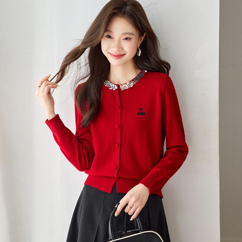 Srcr Women's 100% Merino Wool Sequin Embroidered Short Cardigan