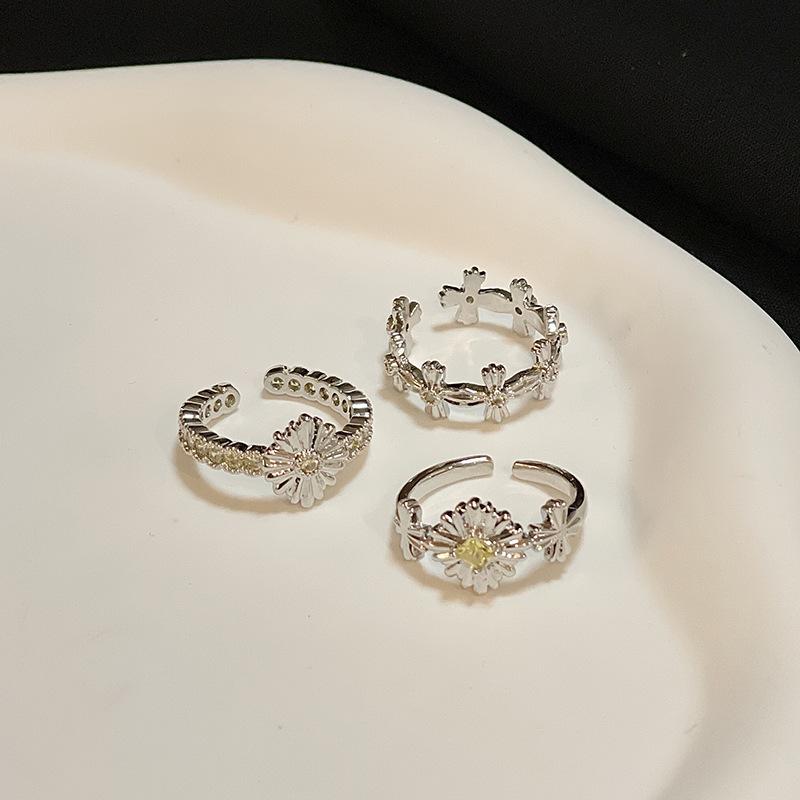 Rhombus Yellow Zircon Daisy Flower Opening Ring Personalized Niche Design Index Finger Ring Simple Fashion Ring Woman