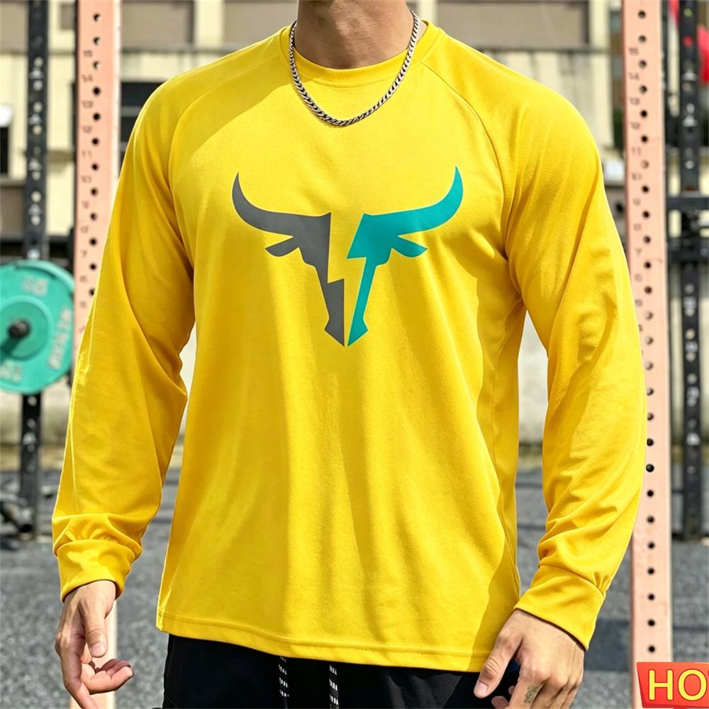 Autumn Men's Long sleeved T-shirt OX Head Men's Fitness T-shirt Polyester Elastic Sports T-shirt Breathable Graphic Gym T-shirt top