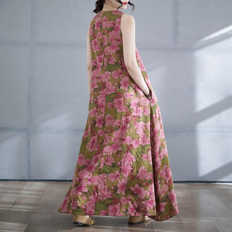 Ärmelloses Plus-Size-Baumwolle-Vintage-Blumenmuster, neue Kleider für Damen, lässig, locker, langes Sommerkleid