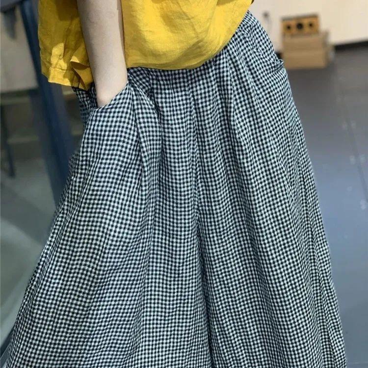 Women's Plus Size Plaid Wide-Leg Skirt Pants - Cotton Linen Blend for Spring/Summer 2026