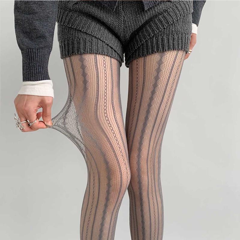 Y2k Spicy Girl Sexy Pantyhose Retro Personality Hollow Lace Fishing Net Socks Vertical Jacquard Pantyhose