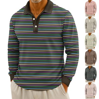 Men's Casual Striped Print Button-Up Long-Sleeve Tops