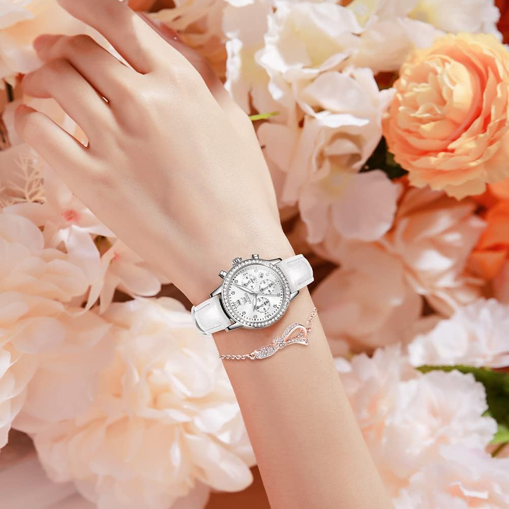 OLEVS Popular Leather Strap Quartz Watch with Bracelet Date Luminous Perfect Gift for Her Women's Set, Lightweight, Thin, Waterproof, Display, White,