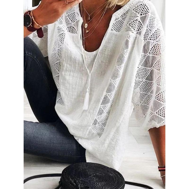 Women S Lace Spliced U Neck 3 4 Sleeve Blouse