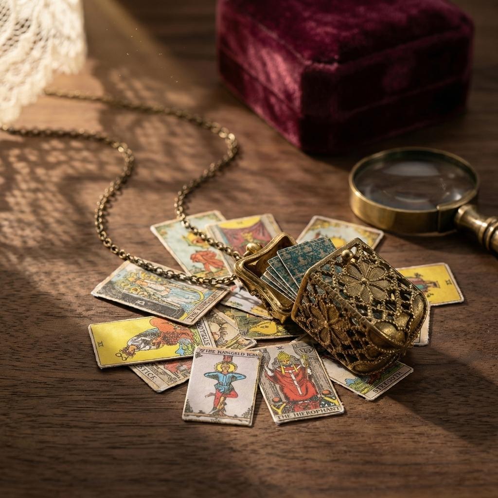 Kleine Tarotkarten-Anhänger-Halskette mit aufwendigem Cutout-Design und detailliertem Symbol-Anhänger an Kette für Damen und Sammler