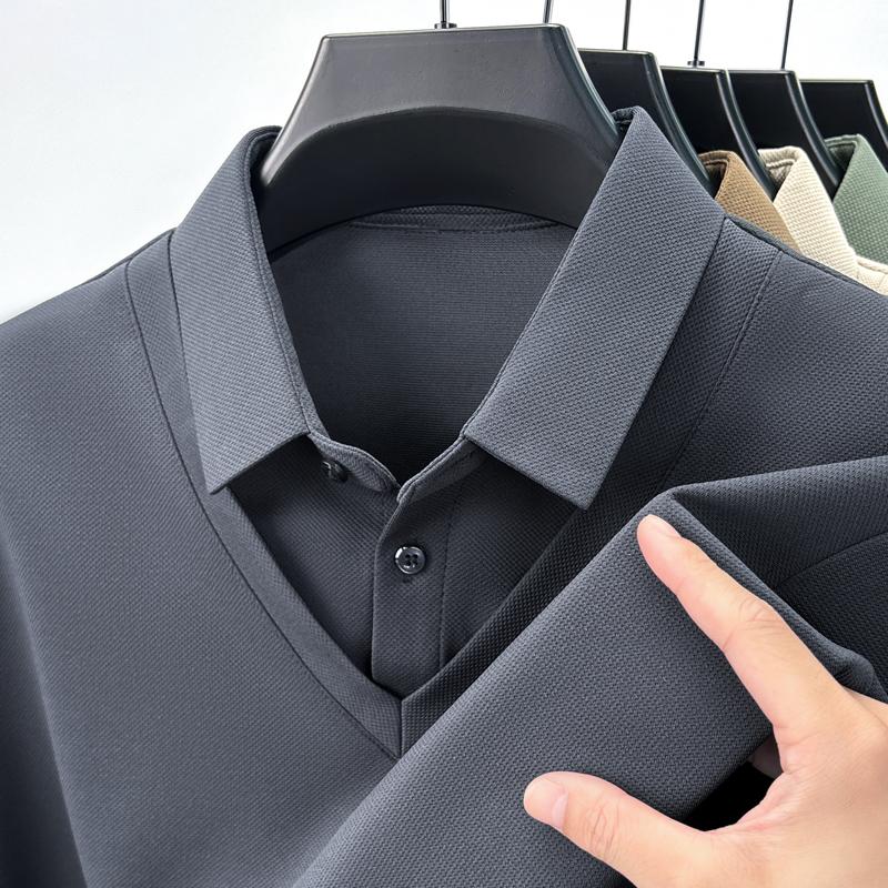 

Оригинальный дизайн Качество Мужская футболка с длинным рукавом и лацканами, осенняя, однотонная, из двух частей, в деловом повседневном стиле, трендовая мужская одежда 4XL&Pack of 1 темно серый