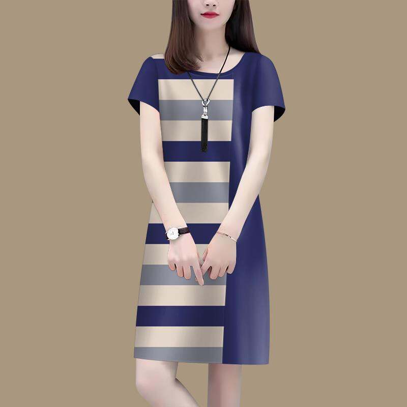2025 Summer Loose Fit Ladies Round Neck Short-sleeved Dress Korean Style Striped Printing Fashion A-line Mid-length Dress