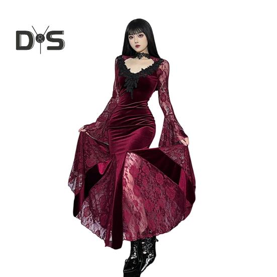 Vestido de cosplay para mujer, estilo oscuro, disfraz de fiesta de Halloween, con encaje de retazos, bordado de flores, dobladillo de cola de pez, mangas largas, cintura ajustada, corte A, rendimiento