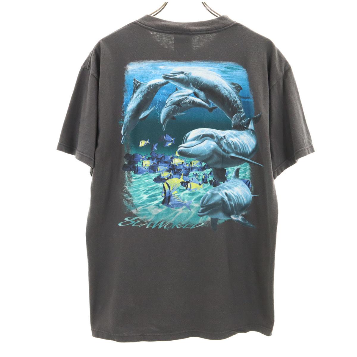 

TULTEX Back print dolphin Short sleeve T-shirt L Charcoal gray SEA WORLD Men s Used