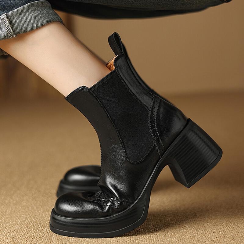 Fashion NEW Autumn Boots Women Split Leather Shoes for Women Round Toe Chunky Heel Women Shoes Black Platform Chelsea Boots Brogue Boots