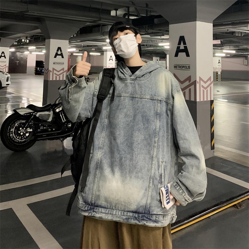 Men's Retro Denim Hooded Sweatshirt Jacket – Washed Distressed Look for Autumn/Winter