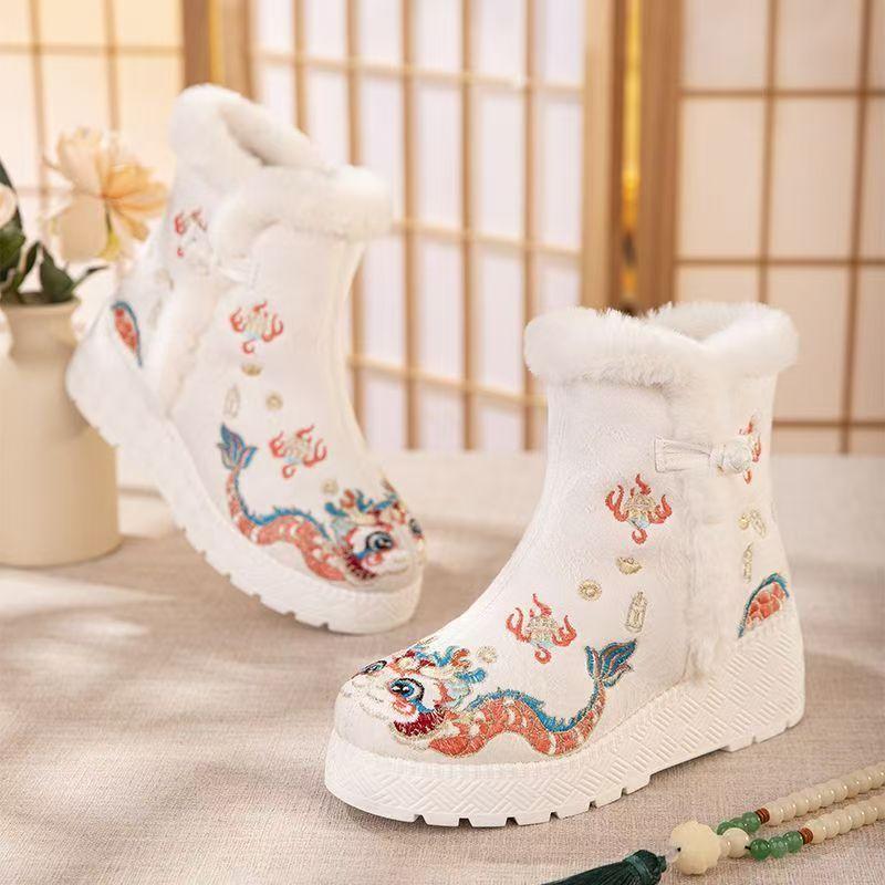 Women s Ethnic Style High Top Embroidered Cotton Boots Thick Sole Plush Warm Slip On Red New Year Boots Round Toe Snow Boots 35 белый
