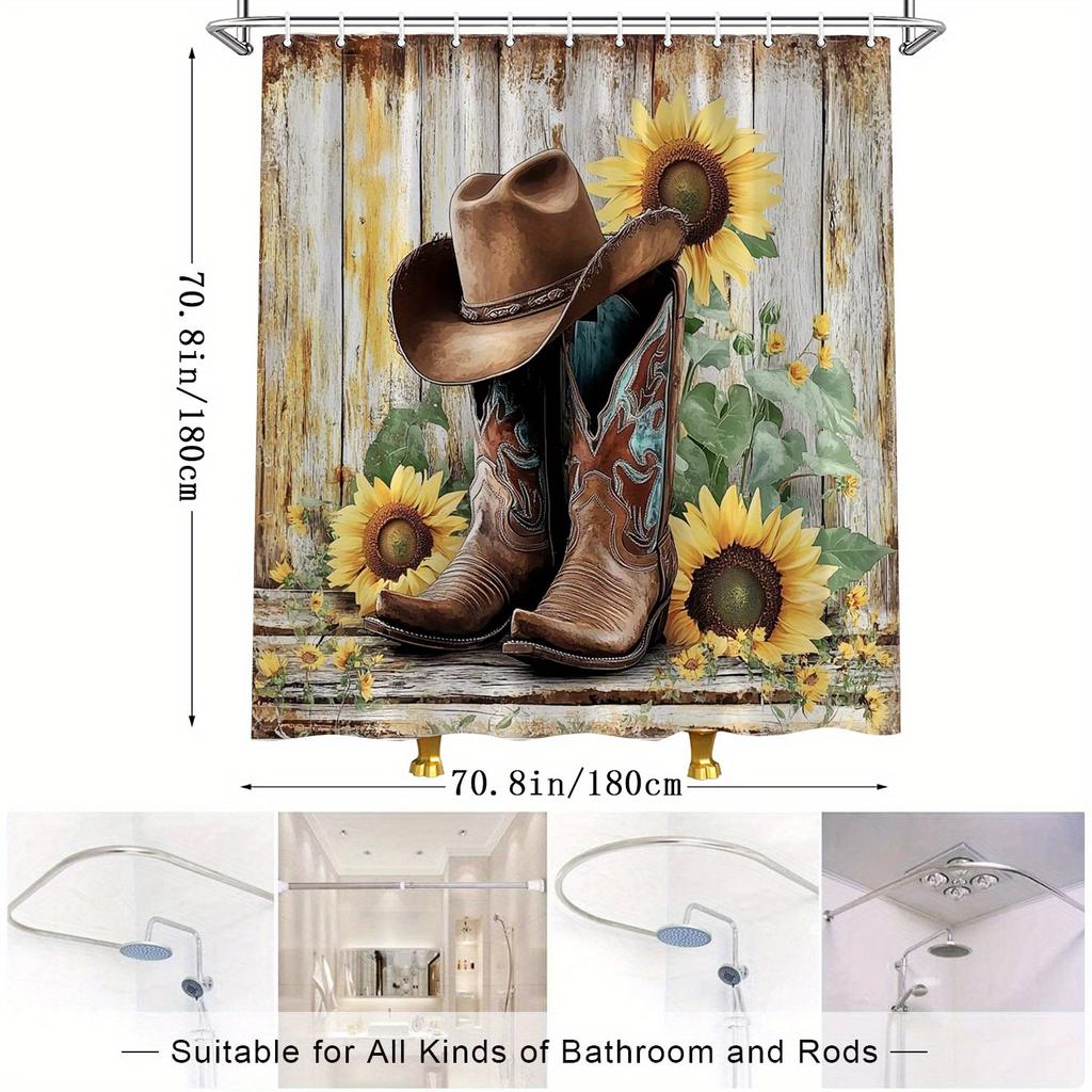 Western Rustic Cowboy Boots & Sunflowers Shower Curtain - Realistic Digital Art, Water-Resistant Polyester