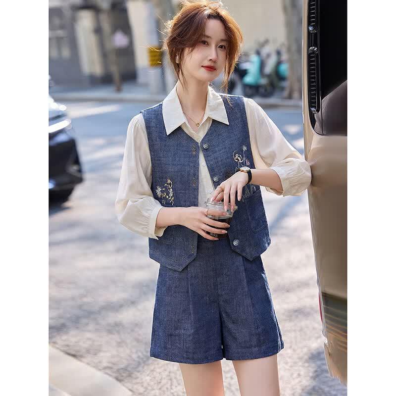 Embroidered Denim-Look Vest and Shorts Set