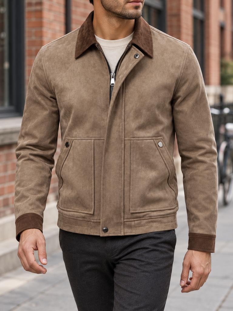 AIOPESON Men Vintage Business Jacket Faux Suede Zip Up Lapel Collar Pockets Ribbed Cuffs Color Block Slim Fit Spring Autumn Coat
