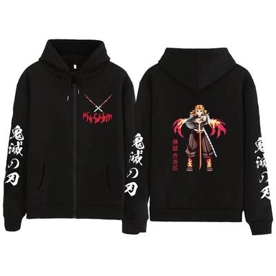 מעילי אנימה Demon Slayer מעיל רוכסן סווטשירטים עם קפוצ'ון אוברסייז קפוצ'ונים היפ הופ מעיל רחוב בגדי אופנה לגברים