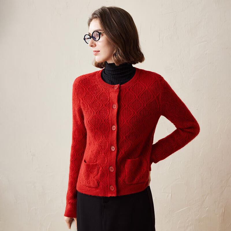 Women's Cashmere Round Neck Thick Knit Cardigan