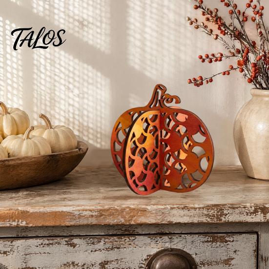 Thanksgiving Seasonal Tabletop Decor Wooden Pumpkin Decor, Vintage Striped Hollow Carved Ornament Halloween Tiered Tray Ornaments for Home Party,