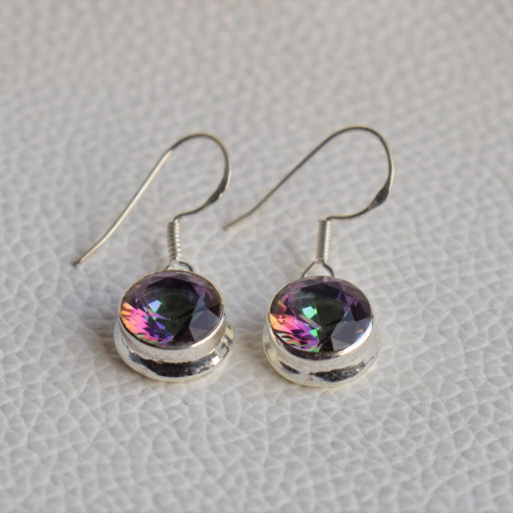 Mystic Topaz Earrings, Handmade 925 Sterling Silver Earring, Round Topaz Earrings, Birthday Gift, Rainbow Earring, Gemstone Earrings