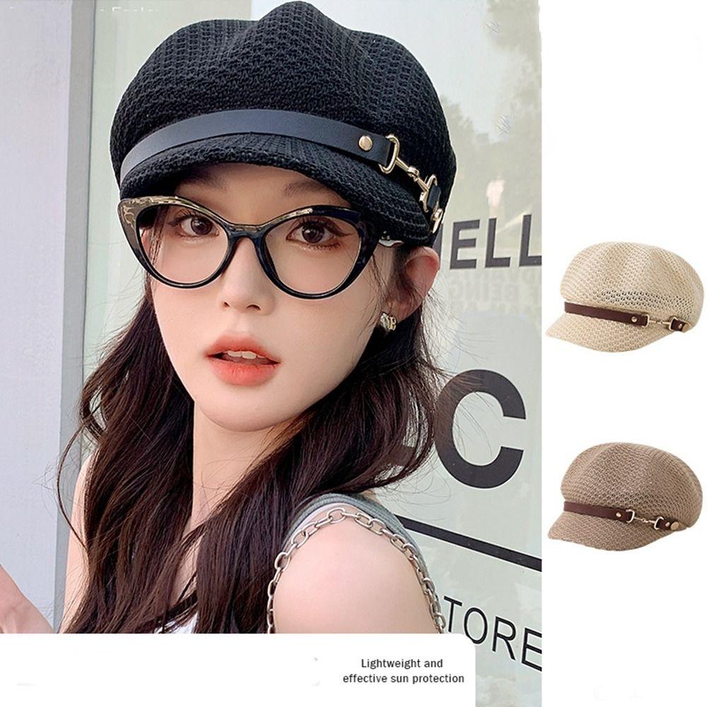 PU Octagonal Hat Korean Style Painter Hat Breathable Hollow Weave Beret  Outdoor