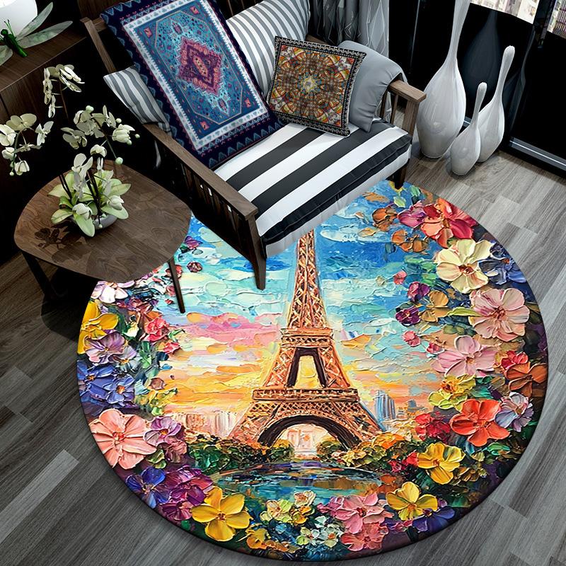Eiffel Tower Paris Round Area Rug,Carpet Rug for Living Room Bedroom Sofa Playroom Decor,Non-slip Floor Mat