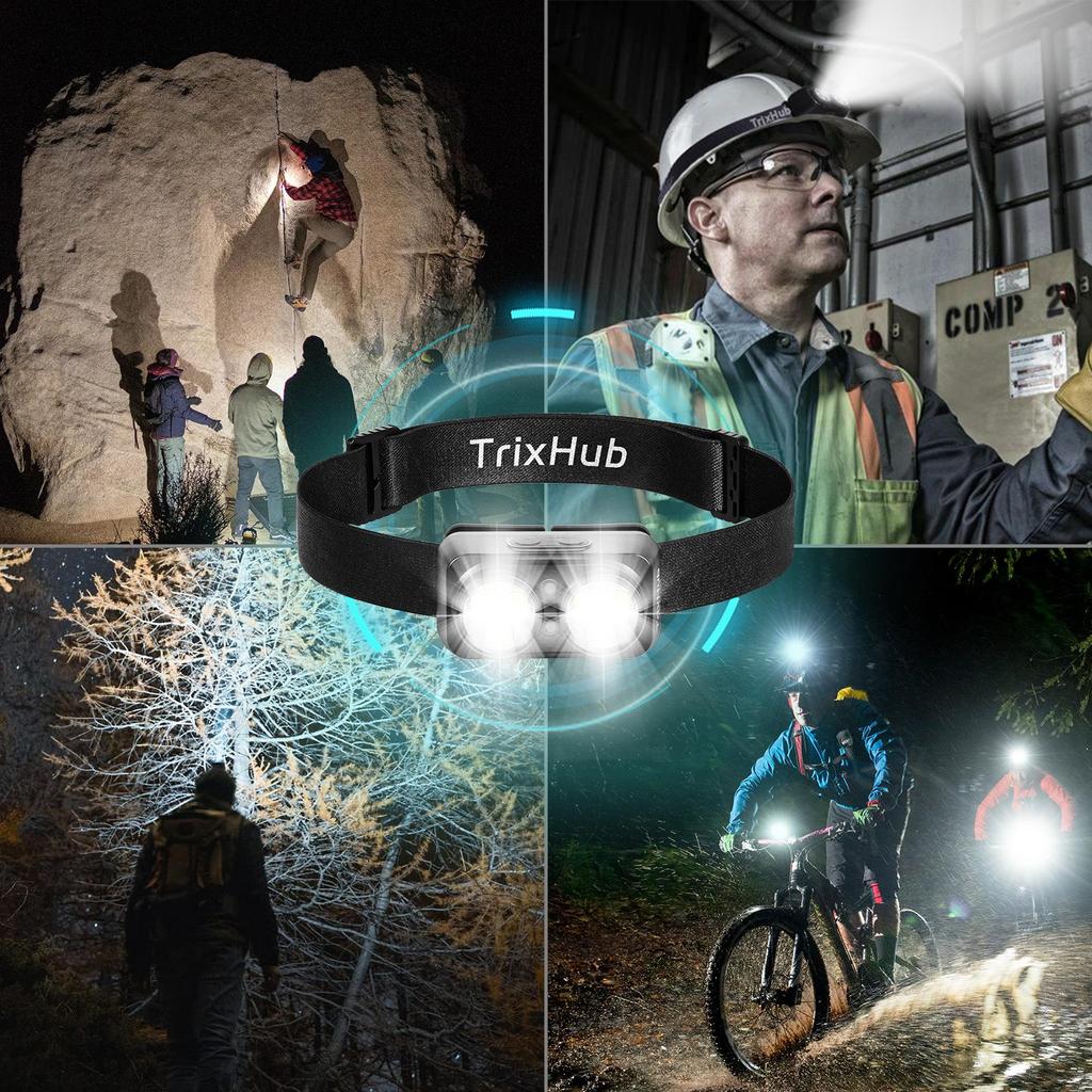 LED Rechargeable Headlamp with Motion Sensor Dual Head Lamp Flashlight 1500 Lumen Super Bright USB-C Charging Waterproof Headlight