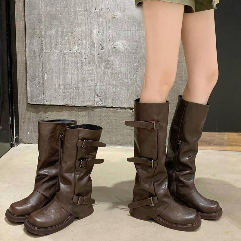 Two Versions Heightened Fashionable New Belt Buckle Square Round Head Pleated Medium Tube Knight Boots Boots Women's Autumn