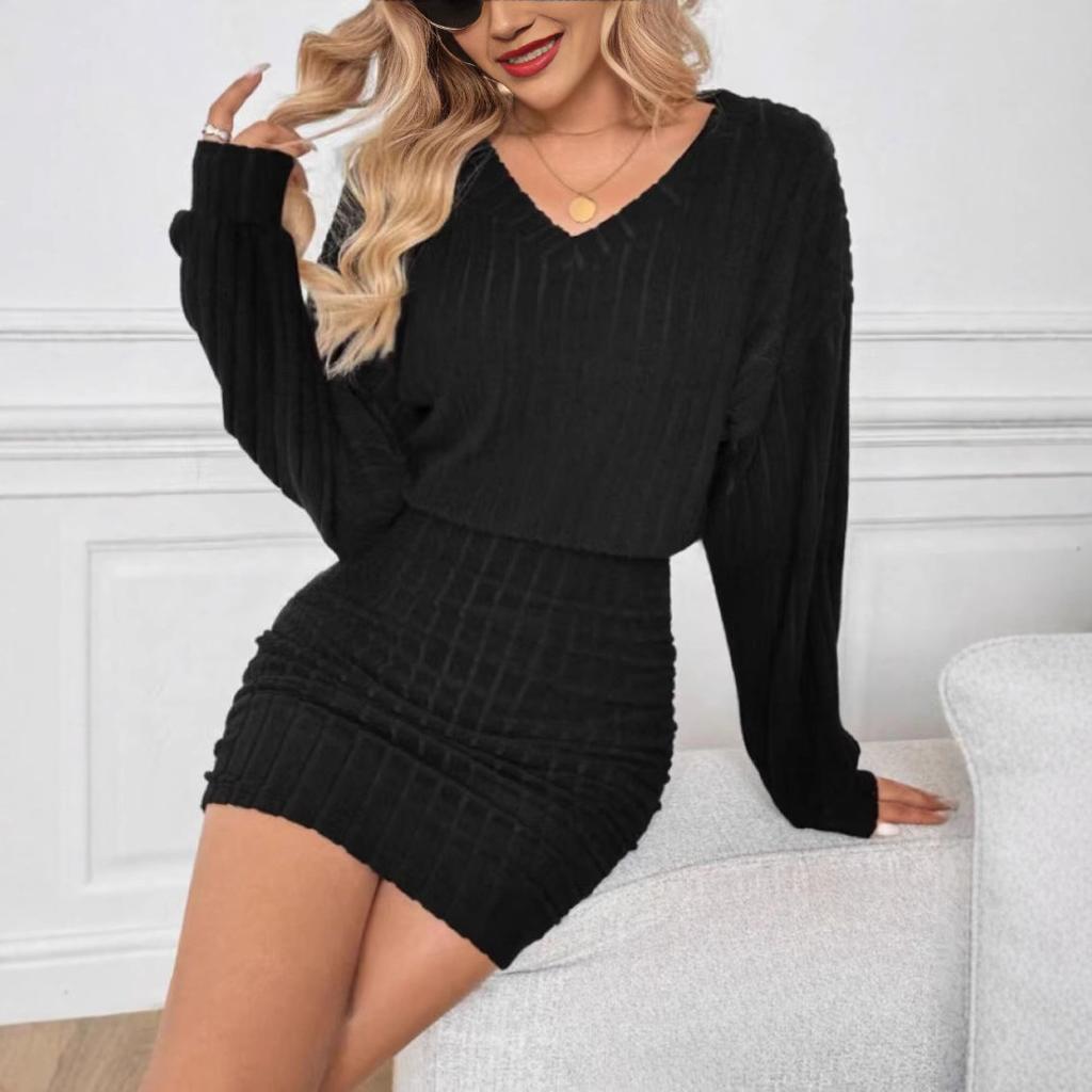 Women's Knit Long Sleeve Pleated Pit Stripe Wrap Hip Sexy Dresses