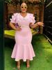 Elegant Plus Size V-Neck Fishtail Dress with Rhinestone Cinched Waist and Ruffle Sleeves