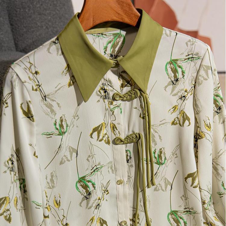 Vintage halenky Dámské tričko s potiskem s dlouhým rukávem 2023 jaro podzimní límec volné módní šifonové halenky