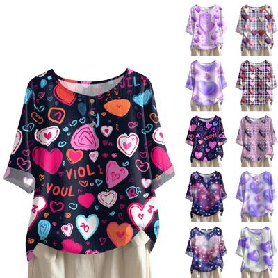 Women's Casual And Comfortable Mid,Length Round,Neck Fashion Print Cotton,Linen Top