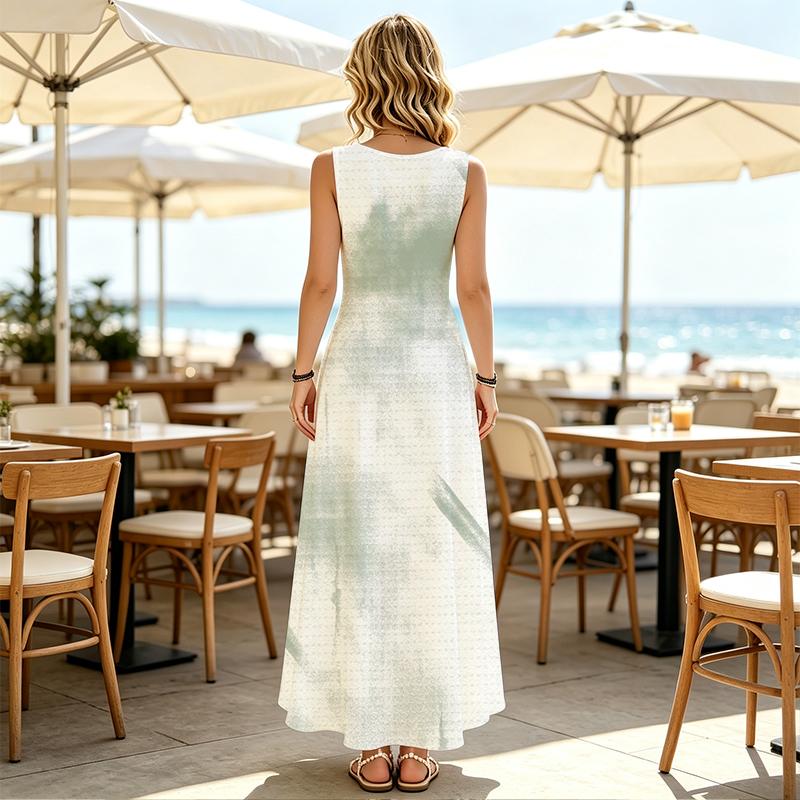 Sleeveless U Neck Maxi Dress,Women Light Green Gradient Sundress,Watercolor Wash Texture Print,Fresh Beach Outfit