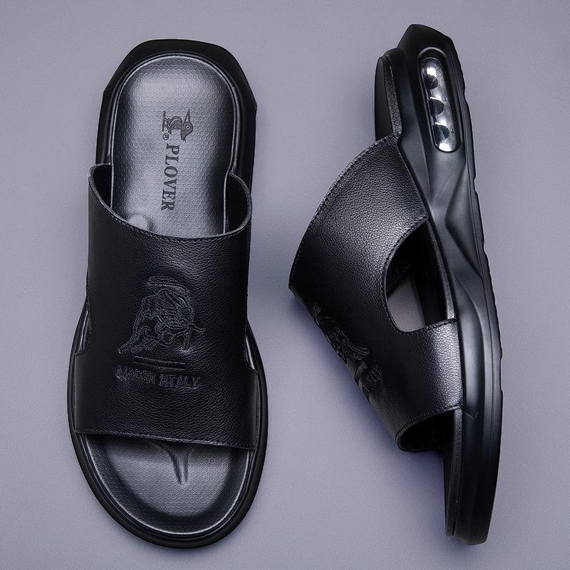 Men Genuine Leather Slipper Embroider Casual Sandals Comfortable Slides Cushion Beach Shoes