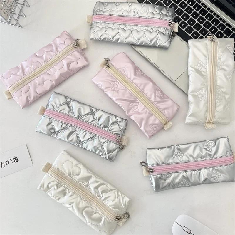 Women Makeup Brush Pouch Waterproof Student Pencil Case Pen Box Girls Cute Bow Stationery Organizer Girls Zipper Coin Purse